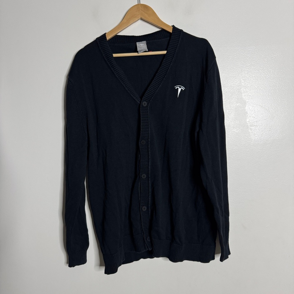 Tesla Cardigan Sweater Mens Large Black‎ Logo Button Up Knit Cotton Blend